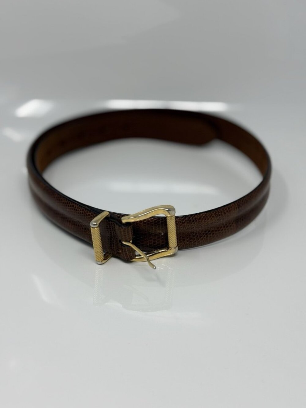 Vintage Cale 36 Lizard Belt, Solid Brass Buckle, Brown, Spain